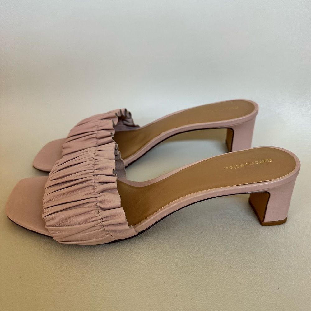 Reformation Shereen Ruched Leather Block Heel Mules Slide Serenade Pink NWOT 9.5 - Picture 7 of 10